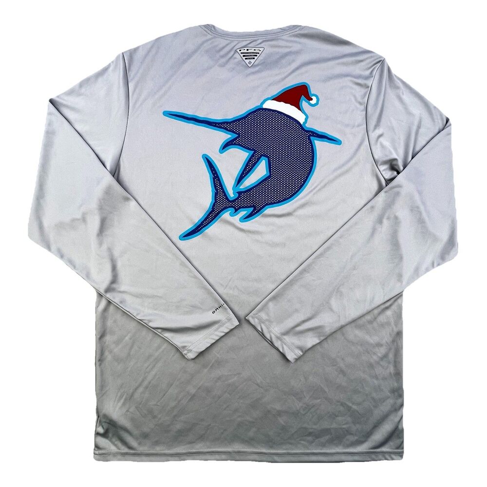 Columbia PFG Terminal Tackle Shirt Adult Small Gray Santa Swordfish Christmas